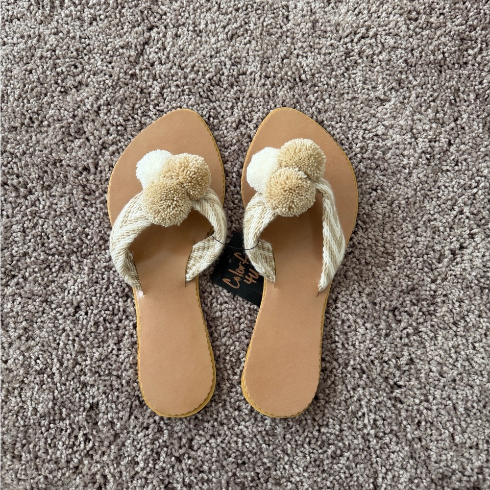 Tan Pom-Pom Sandals